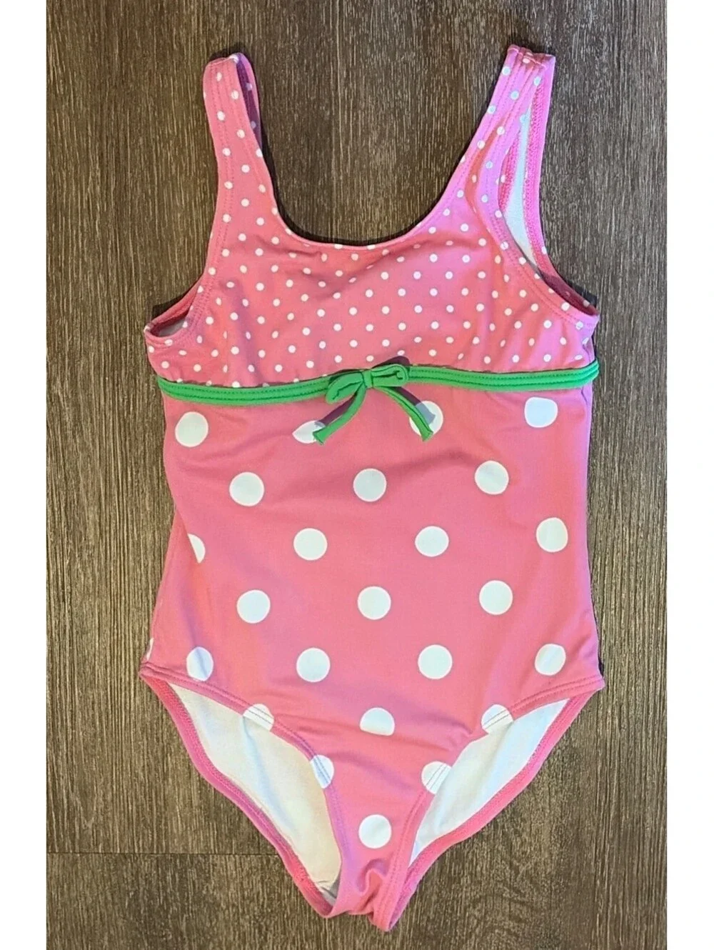 Gymboree Girls Size 6 Pink Strawberry Polka Dot One Piece Swimsuit Green Bow